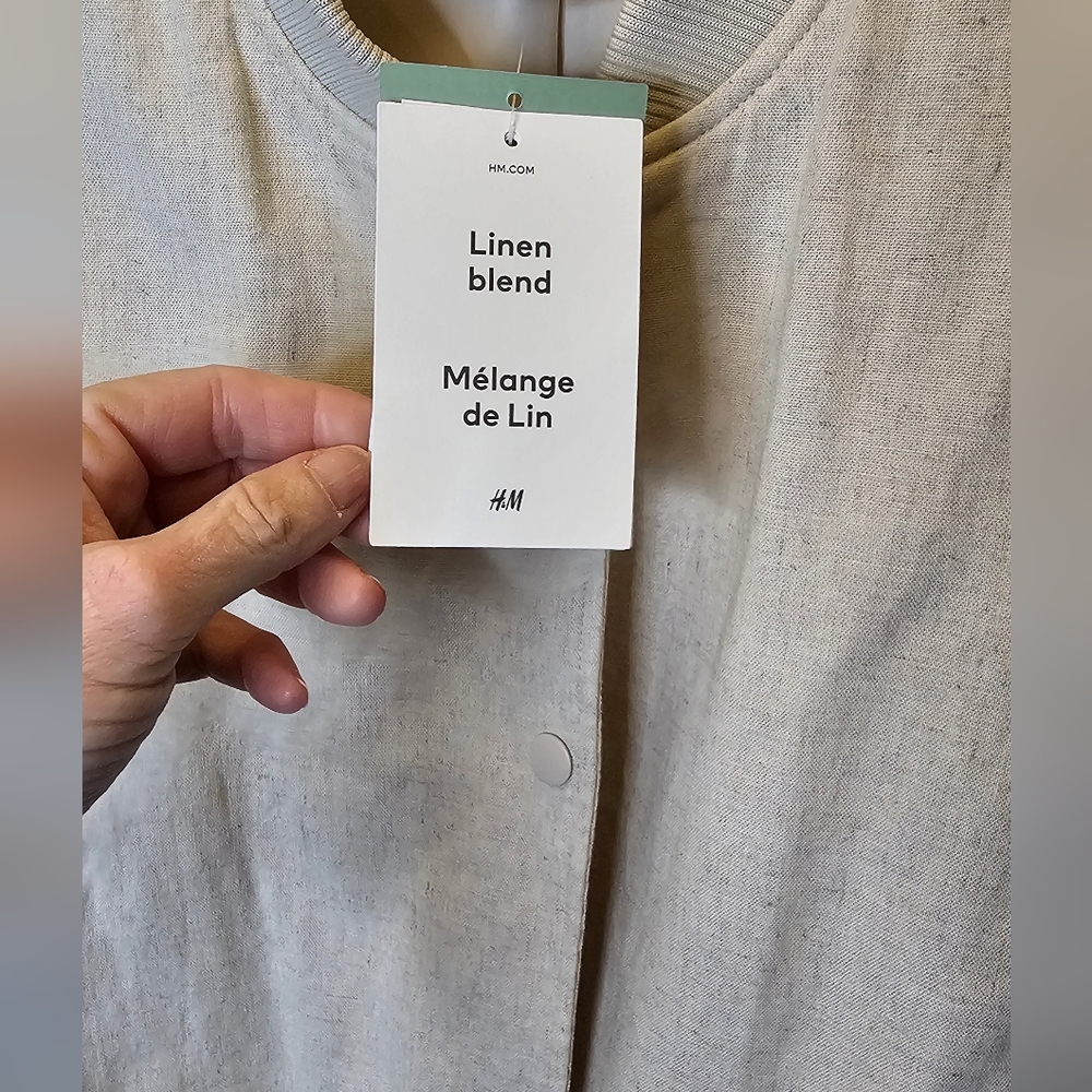 NWT H&M Linen Blend Bomber Jacket, Snap Front Light Beige  Women's Large - Picture 5 of 8